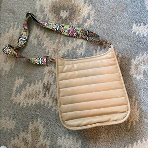 Ahdorned crossbody bag quilted vegan leather cream colorful strap